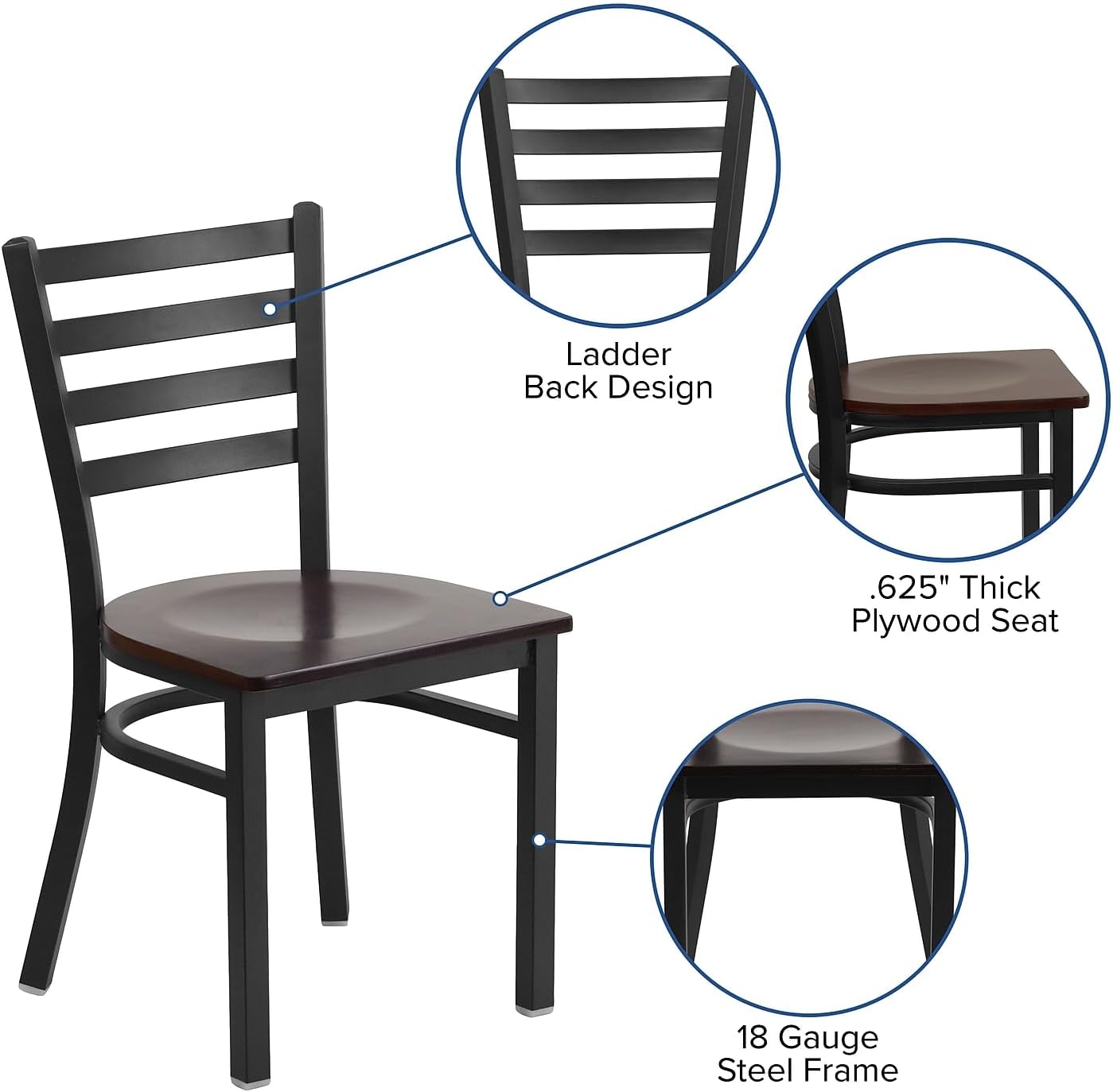 Flash Furniture Hercules Series Commercial Ladder Back Restaurant Chairs, Modern Lightweight Metal Dining Chairs with Padded Seats, Set of 2, Black