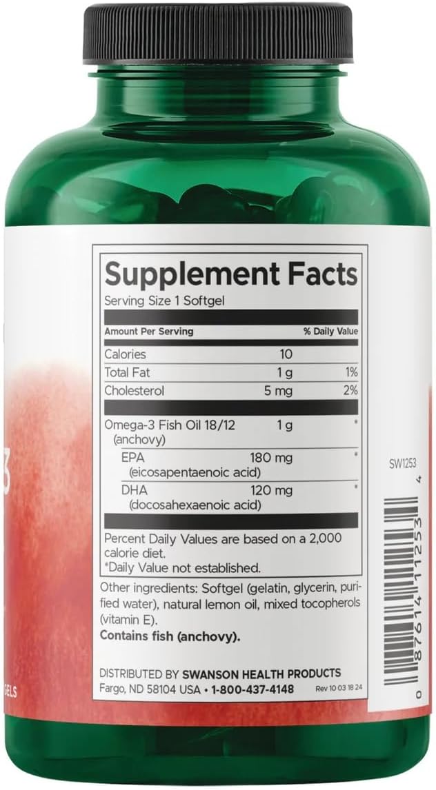 Swanson Omega-3 Fish Oil, 180 mg EPA + 120 mg DHA, 150 Softgels, Lemon | Heart, Brain, and Joint Support Supplement for Health-Conscious Adults, Provides Essential Fatty Acids EPA and DHA