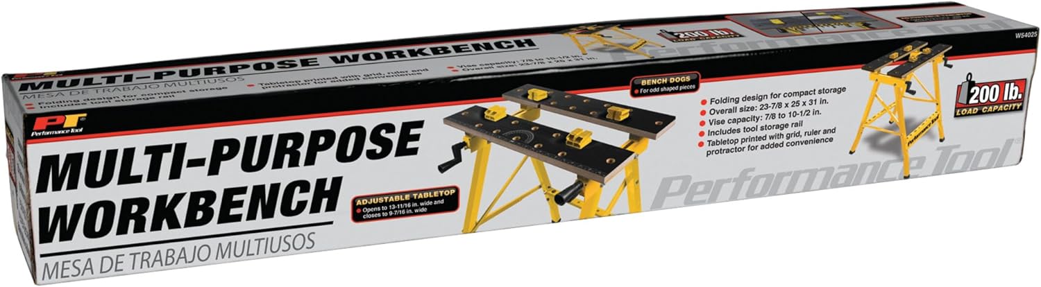 Performance Tool W54025 Portable Folding Workbench and Vise | 200 lb capacity folding work table. Printed grid