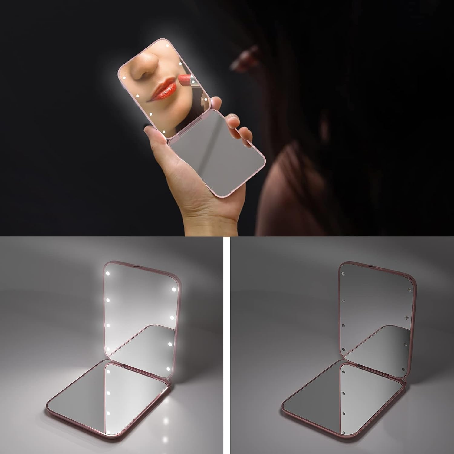 Kintion Pocket Mirror, 1X/3X Magnification LED Compact Travel Makeup Mirror with Light for Purse, 2-Sided, Portable, Folding, Handheld