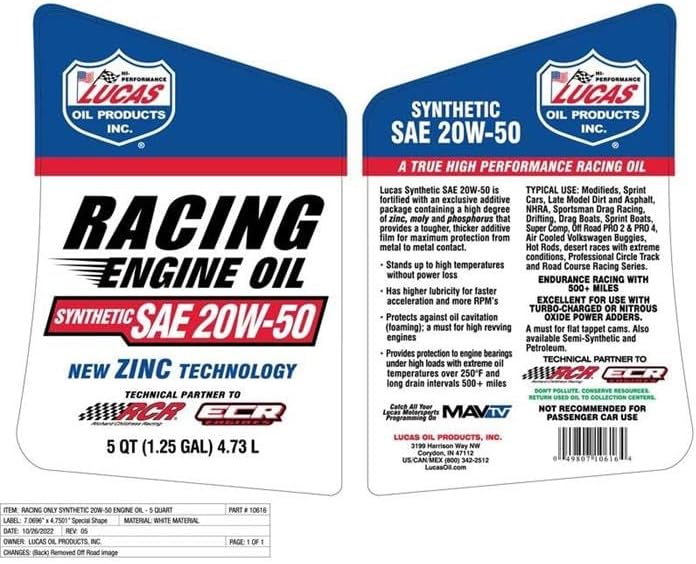Lucas Oil SAE 20W-50 Racing Engine Oil, 5 Quart (Pack of 1)