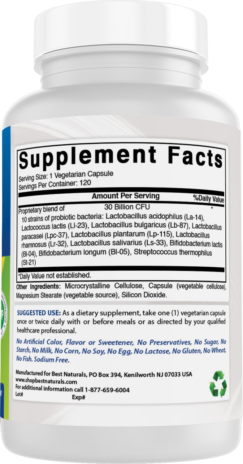 Best Naturals Probiotic 10 Strains & 30 Billion CFU Intestinal Flora, 120 Veggie Capsules - Shelf Stable probiotic (4146365)