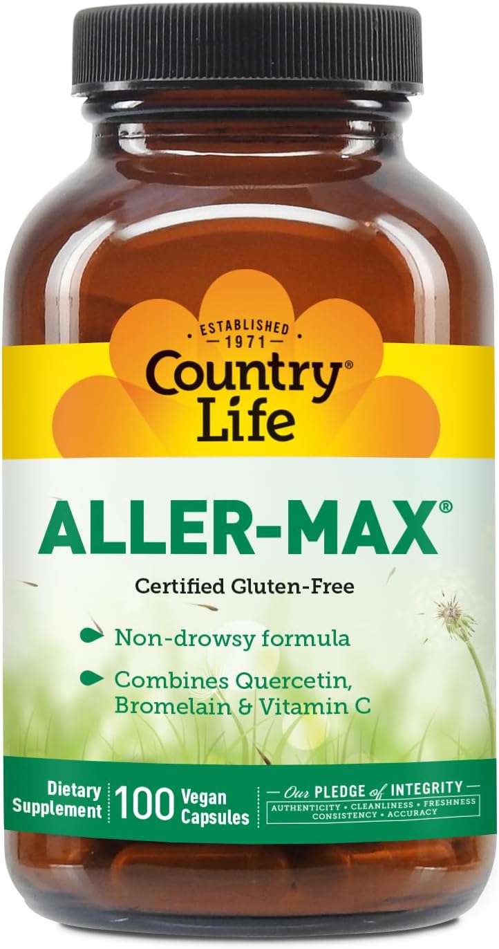 Country Life Aller-Max Quercetin & Bromelain, 100 Vegan Capsules | Non-drowsy formula with vitamin C, zinc, N-acetyl cysteine and a botanical blend