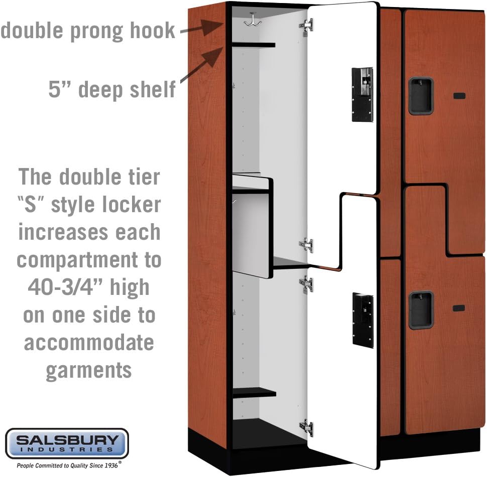 Salsbury Industries 2-Tier S-Style Extra Wide Designer Wood Locker with Three Wide Storage Units, 6-Feet High by 18-Inch Deep, Mahogany