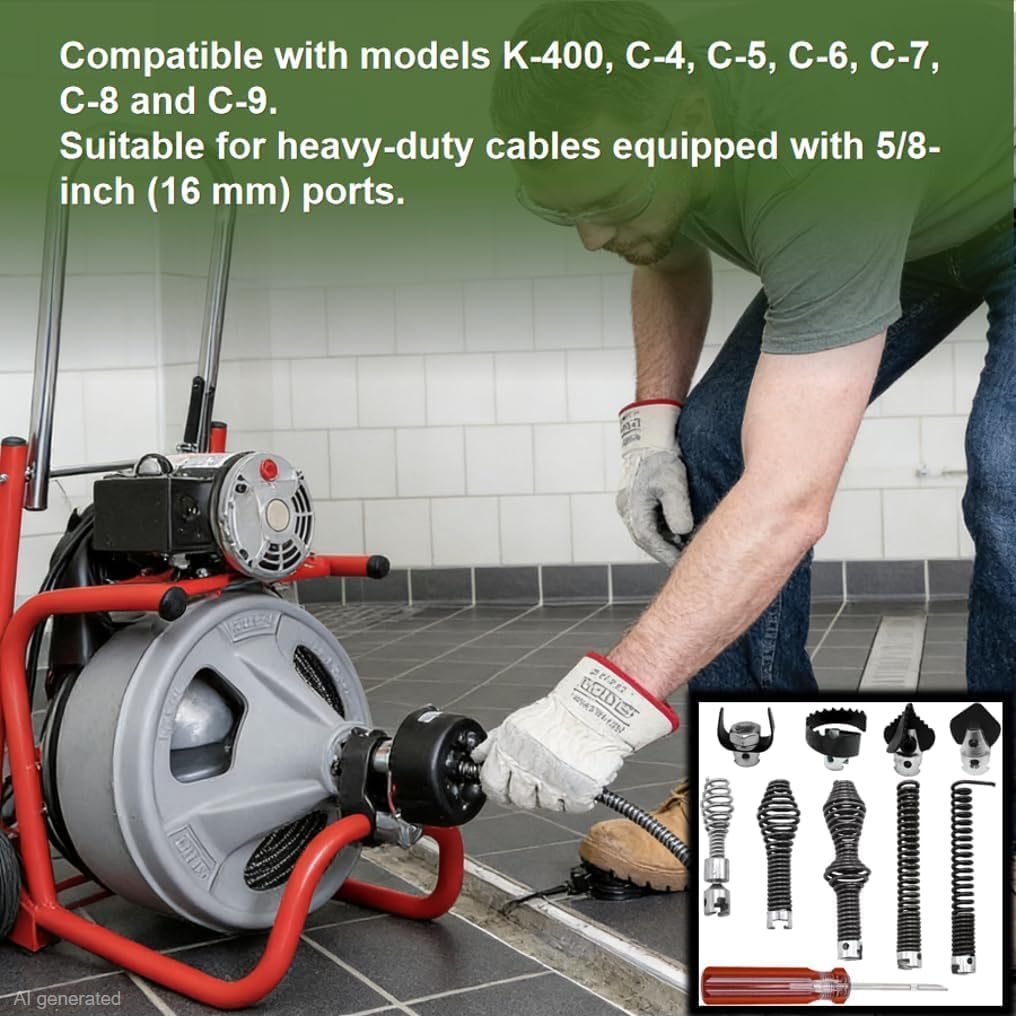 10PCS K-400 Drain Snake Drill Attachment Kit - 5/8 Inch Auger Cutter Heads & Spiral Tips Set for K-400 C-4/C-6/C-7/C-8/C-9