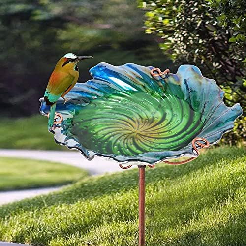 26" Glass Bird Bath, Outdoor Birdbath Bird Feeder Green Flower Metal Stake