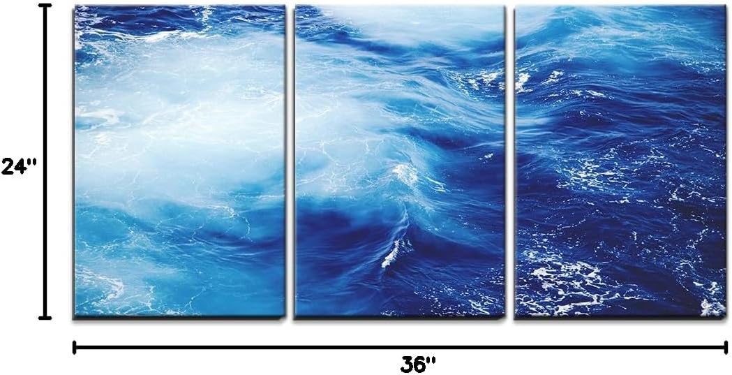 wall26 - 3 Piece Canvas Wall Art - Blue Ocean Waves - Modern Home Art Stretched and Framed Ready to Hang - 16"x24"x3 Panels