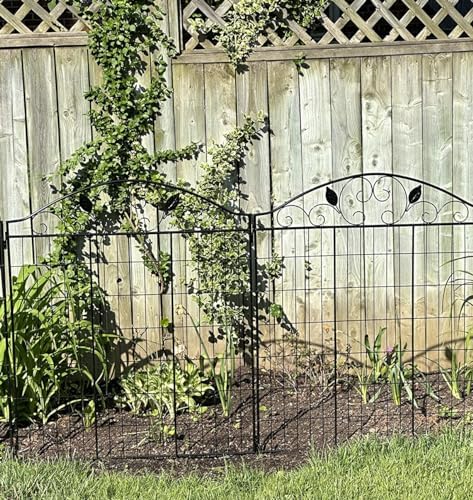 4 Pack 44" H 36" W (Linear Length 12 feet) Black Coated Heavy Duty Steel Decorative Garden Fence Each Panel with 2 Leaves