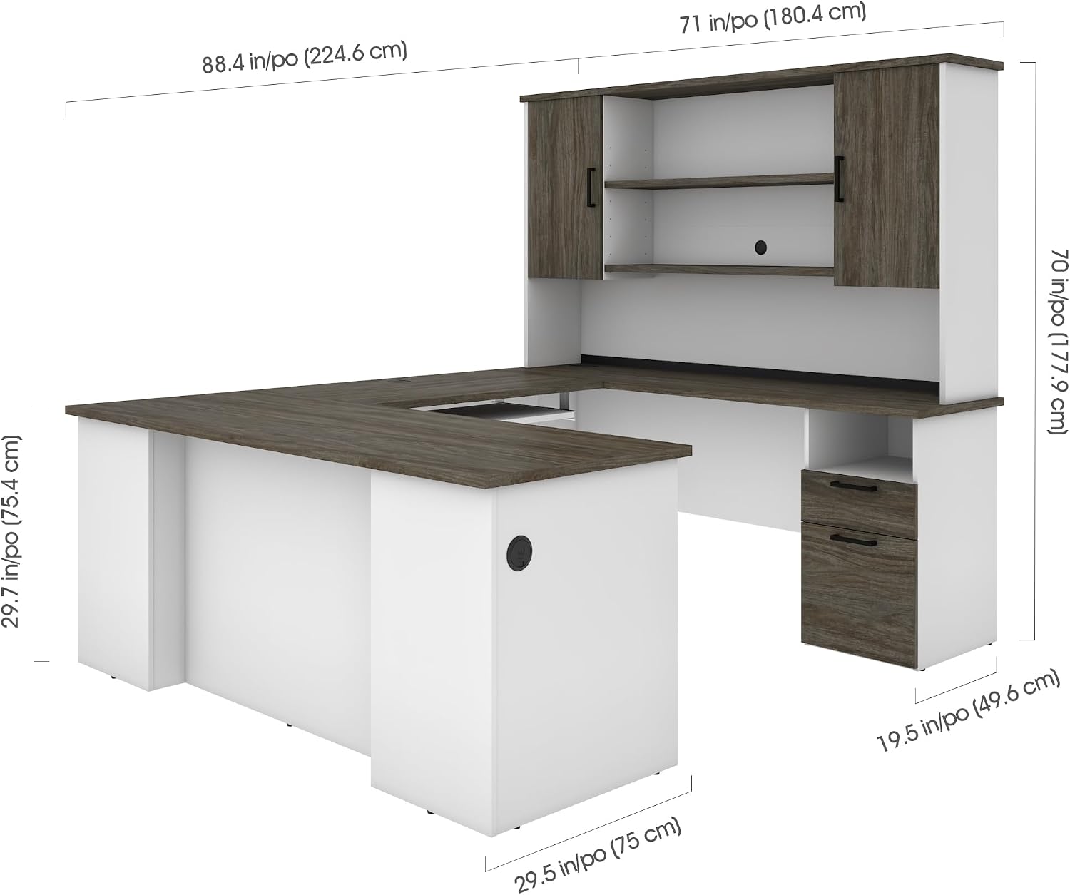 Bestar Norma 71W U or L-Shaped Executive Desk with Hutch in Walnut Grey & White