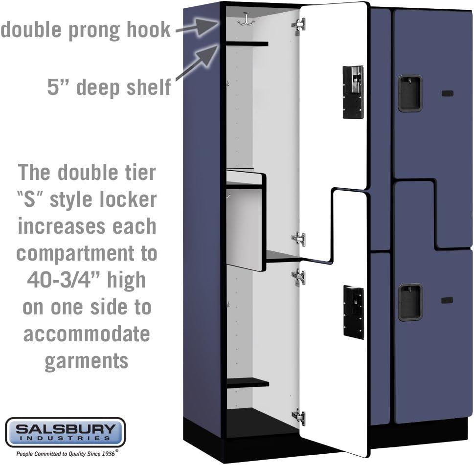 Salsbury Industries 2-Tier S-Style Extra Wide Designer Wood Locker with Three Wide Storage Units, 6-Feet High by 18-Inch Deep, Mahogany