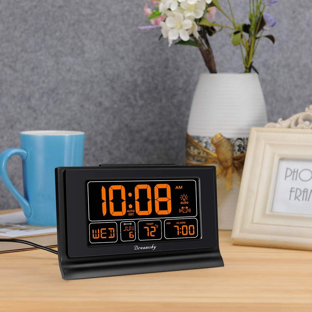 DreamSky Alarm Clocks for Bedrooms with Battery Backup, Auto Set | Digital Clock with Date & Day of Week, 5 Inch Large Display, Weekday, Temperature, USB Port, Auto DST, Brightness Dimmer