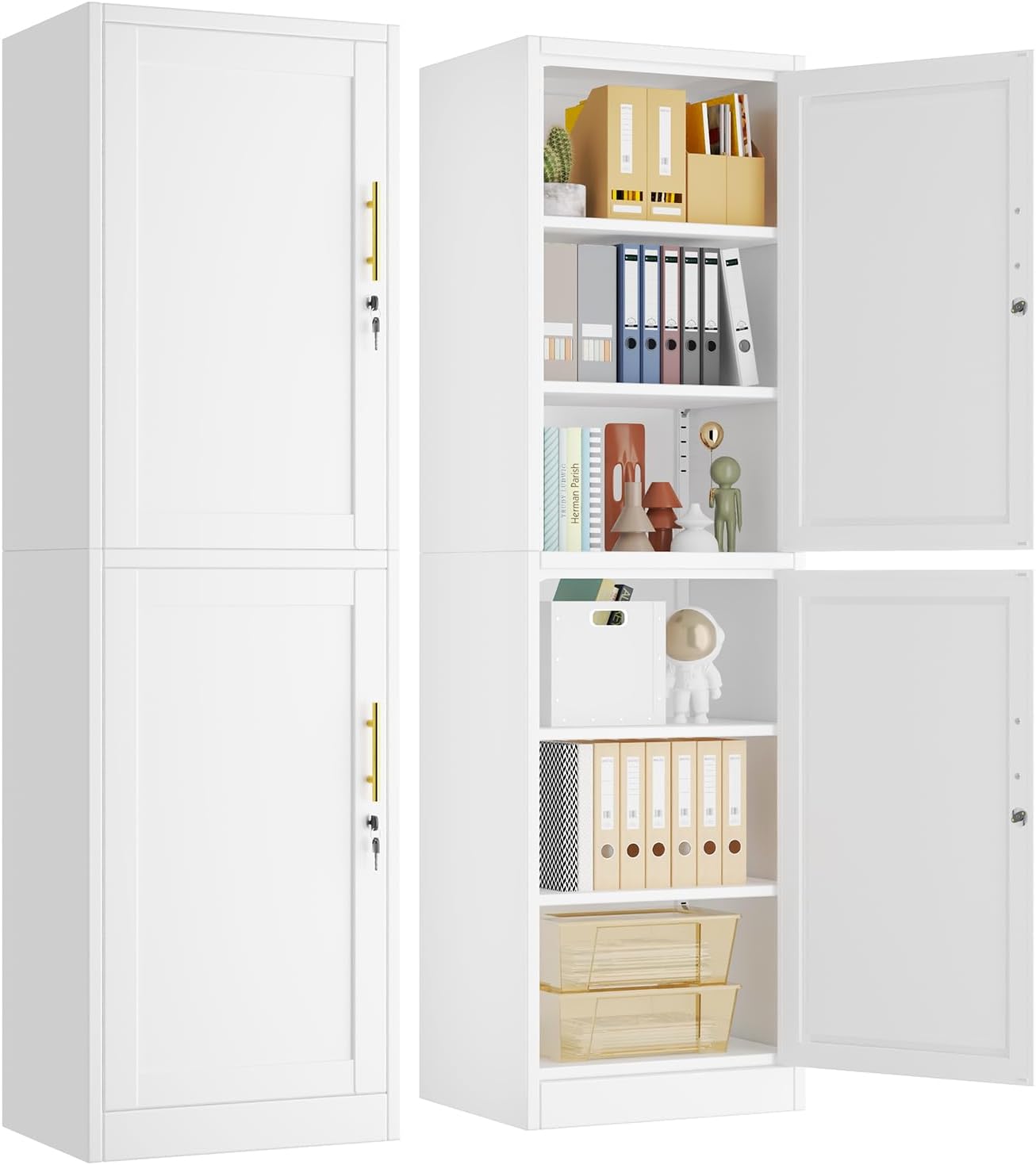pozdeg 67" Tall Narrow White Metal Storage Cabinet | 2 Doors, 4 Adjustable Shelves, Freestanding Slim Pantry Organizer for Bathroom Kitchen Living Room