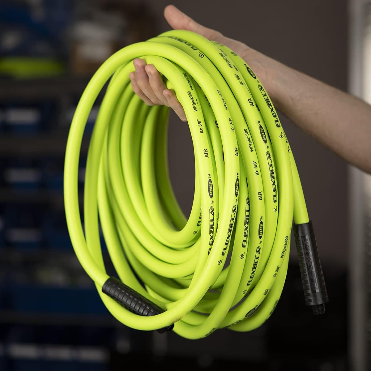 Flexzilla Air Hose, 3/8 in. x 50 ft., 3/8 in. MNPT Fittings, Heavy Duty, Lightweight, Hybrid, ZillaGreen - HFZ3850YW3