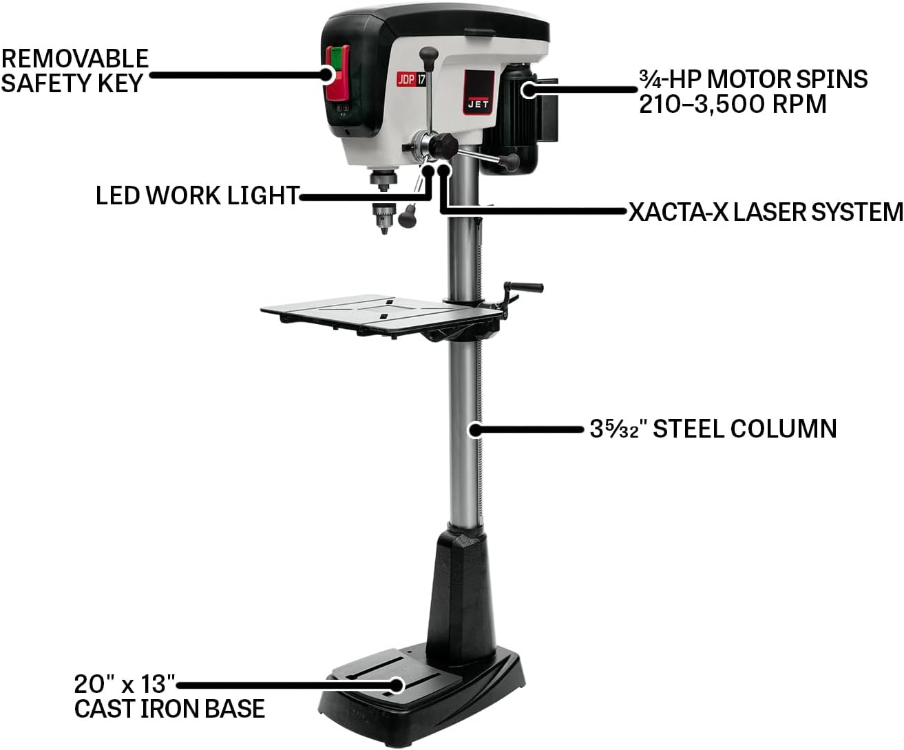 JET 17-Inch Floor Drill Press, 16 Speed, 3/4 HP, 115V 1Ph (Model JDP-17)