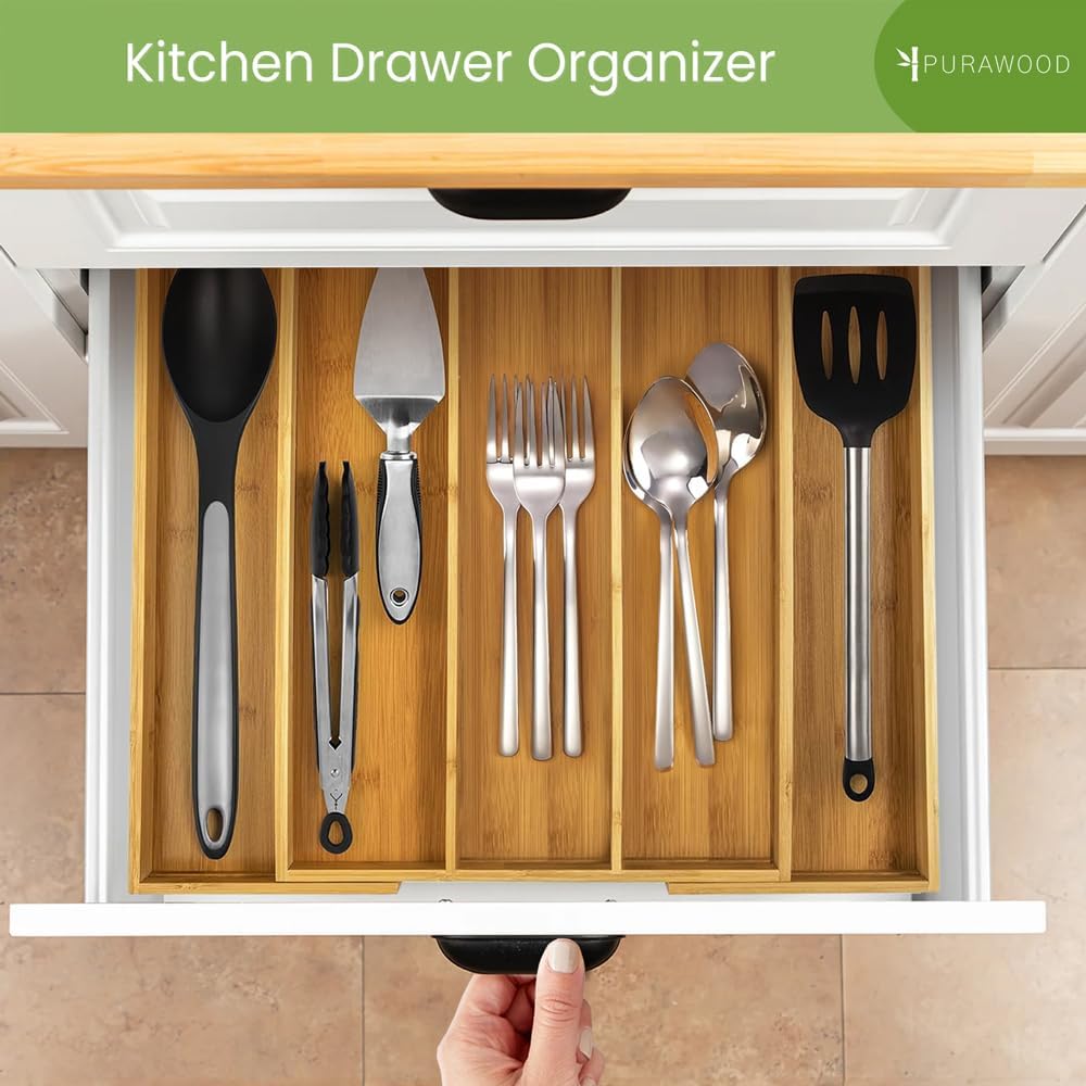 Purawood Kitchen Drawer Organizer - Expandable Utensil Drawer Organizer for Kitchen, Cutlery Tray & Silverware Organizer