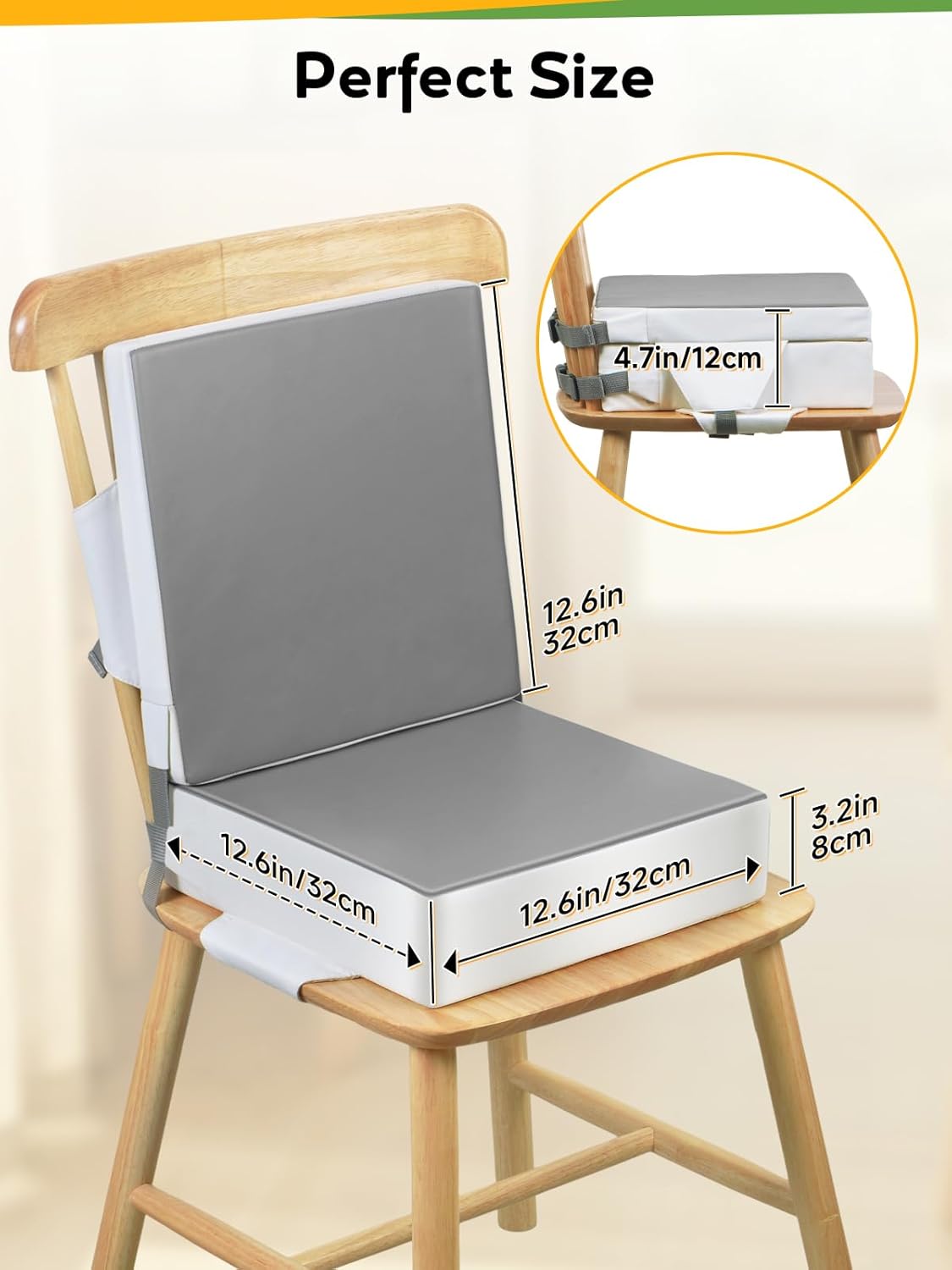 Booster Seat for Kitchen Chair - Toddler Booster Seat for Dining Table - PU Washable Double-Safety Straps with Buckle