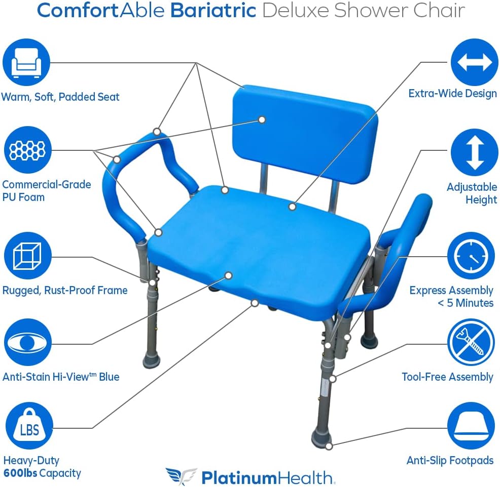 Comfortable Shower Chair for Elderly and Disabled for Inside Shower Seats | Sit Securely While Bathing - Blue, padded seat, adjustable height, aluminum frame, backrest, 400 lb