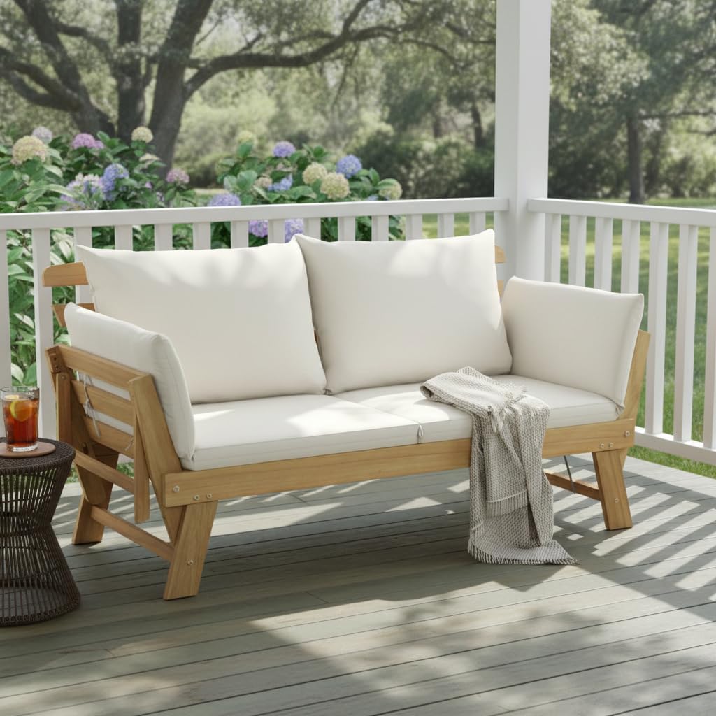 Tangkula Convertible Acacia Wood Patio Couch Sofa Bed with Adjustable Armrest, Outdoor Daybed with Cushion & Pillows