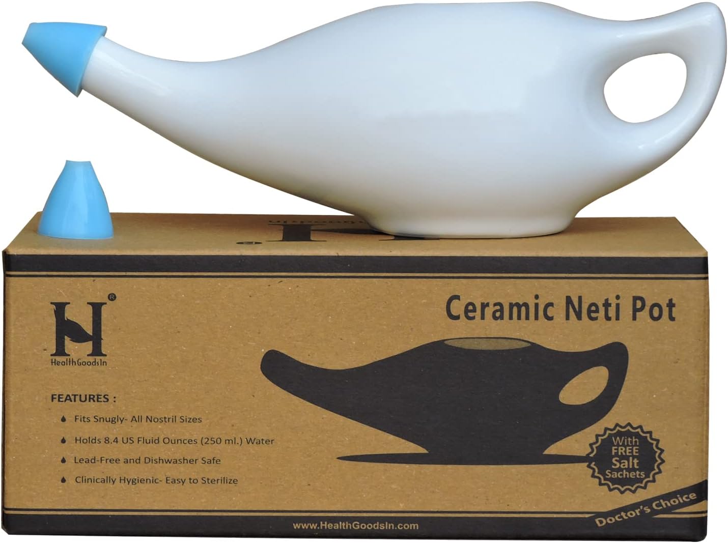 Ceramic Neti Pot Premium Handcrafted, Nose Cleaner for Sinus Dishwasher Safe with 2 Silicone Nozzle Tip, 225 Ml Capacity - White Color