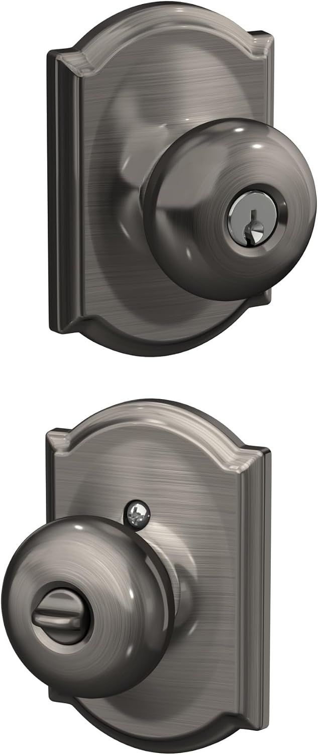 Schlage Plymouth Bed/Bath Privacy Door Knob with Lock, Satin Nickel | Interior bedroom or bathroom door knob with push button lock, Easy to install, Certified durability, Universal fit