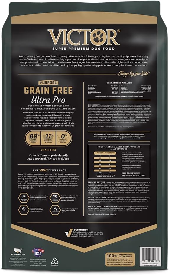 VICTOR Grain Free Ultra Pro Dry Dog Food - High Protein Dry Kibble, 30 lb | Super Premium Dog Food, Low carb for Active Dogs, 42% Protein Kibble, For Sporting Dogs of All breeds and Sizes, 30lbs