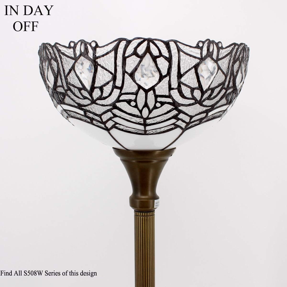 WERFACTORY Tiffany Floor Lamp White Crystal Stained Glass Torchiere Light | 12X12X71 Inches Pole Standing Corner Torch Uplight Decor Bedroom Living