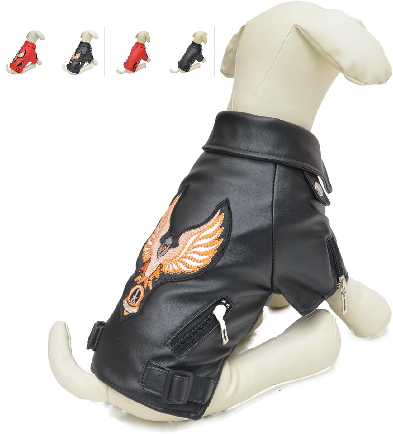 Lovelonglong Cool Dog Leather Jacket, Warm Coats Dogs Windproof Cold Weather Coats for Large Medium Small Dogs with Eagle Embroidery Black XS