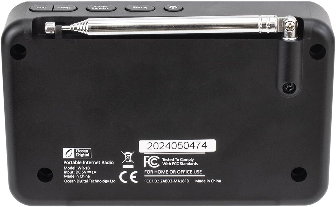 Ocean Digital WR-18 Handheld Portable Internet Radio, FM, Bluetooth Speaker, Micro SD, Rechargeable, 5 Preset Buttons, Dimmer, Auto-Off Timer