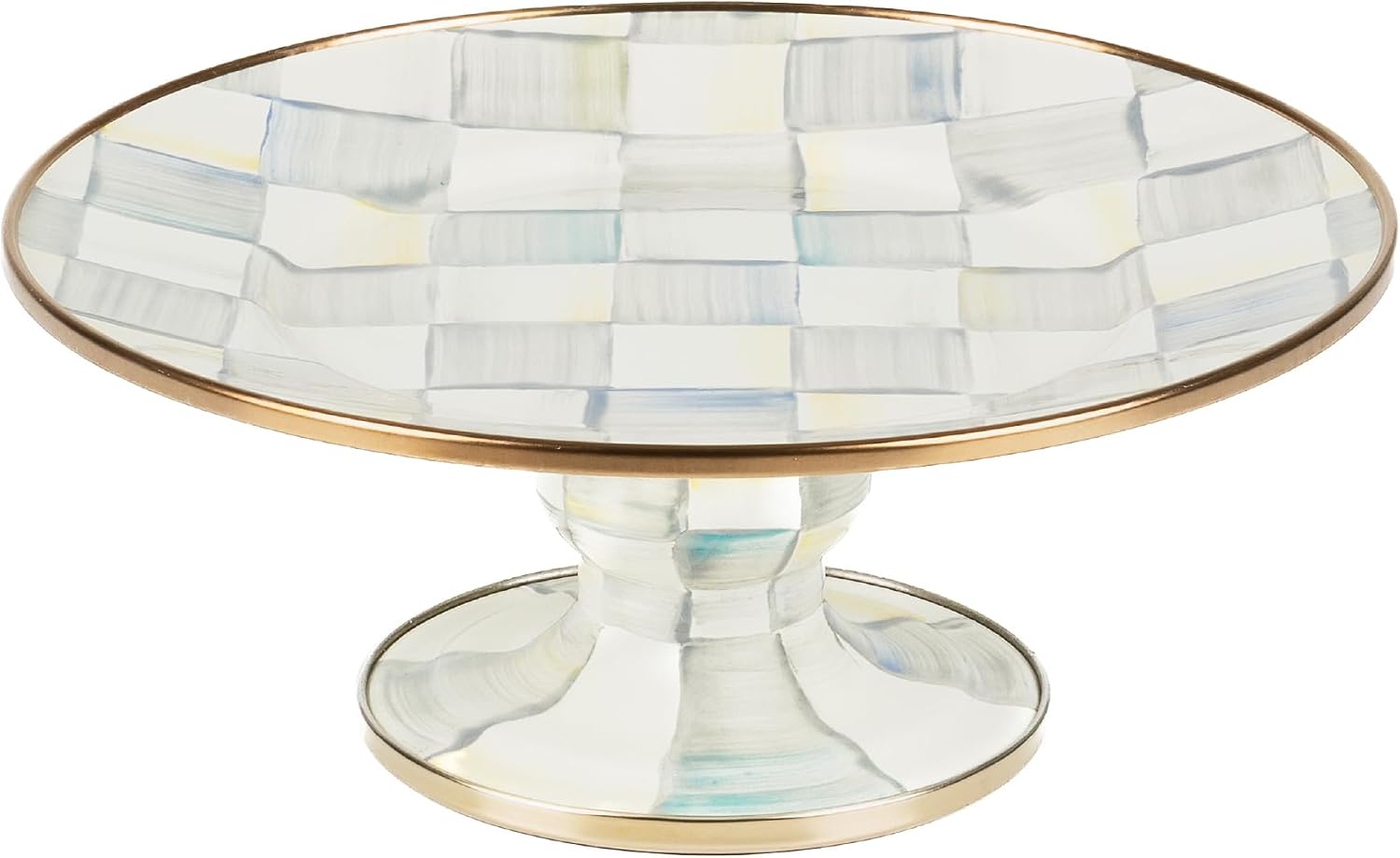 MACKENZIE-CHILDS Pedestal Platter, Mini, Black-and-White Courtly Check | Hand-painted design, made from enameled steel, stackable round cake stand for serving desserts, 8" dia. x 3" H