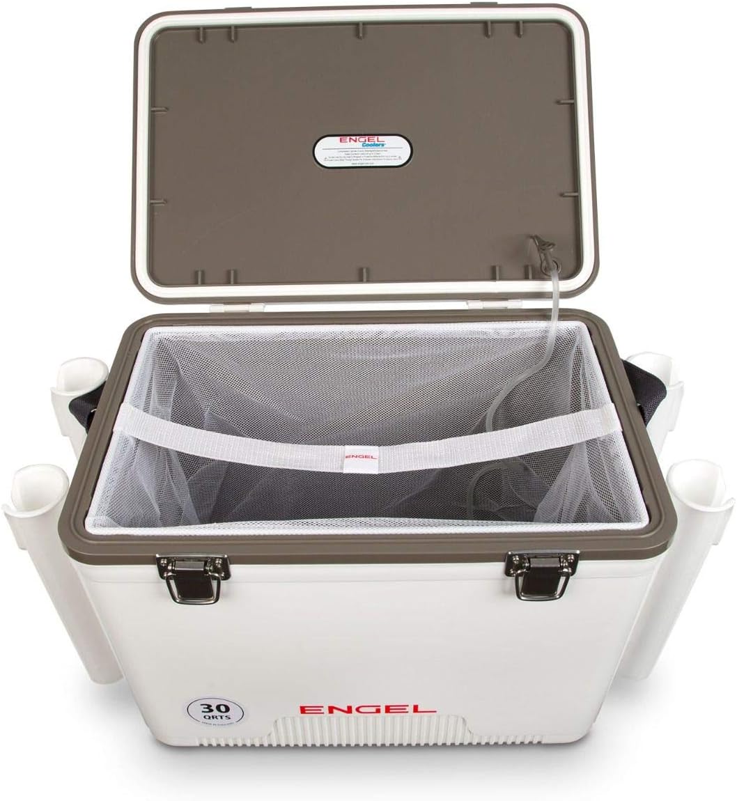 Engel 30qt Live Bait Cooler Box with 2nd Gen 2-Speed Portable Aerator Pump and 4 x Fishing Rod Holder Attachments. Fishing Bait Station and Minnow