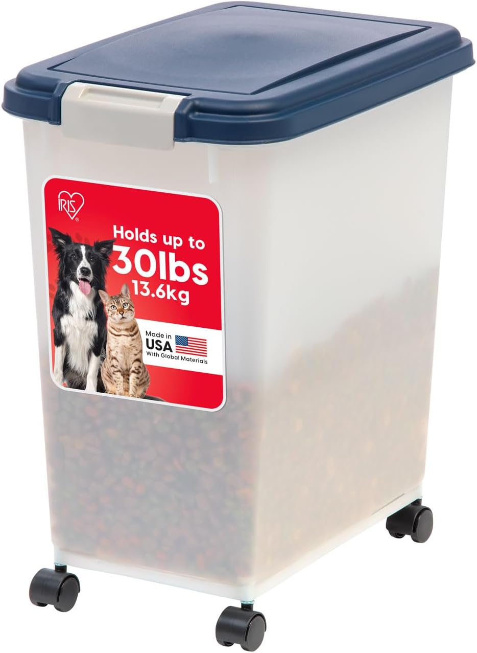 IRIS USA Dog Food Storage Container, Up to 30 lbs, Navy/Pearl, Made in USA | Wheels for Mobility, Airtight Seal, BPA-Free, Best for Bird Seed, Cat food, Cat Litter, Chicken Feed, Pellets