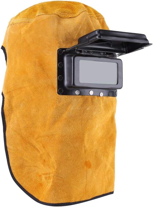 Leather Welding Hood with Flip-Up Lens, Heat Resistant Face Neck Shield