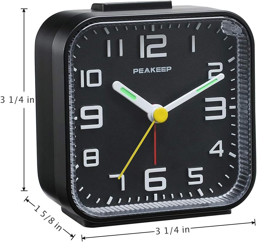 Peakeep Small Battery Operated Analog Travel Alarm Clock Silent | No Ticking, Lighted on Demand and Snooze, Beep Sounds, Gentle Wake, Ascending Alarm, Easy Set (Black)