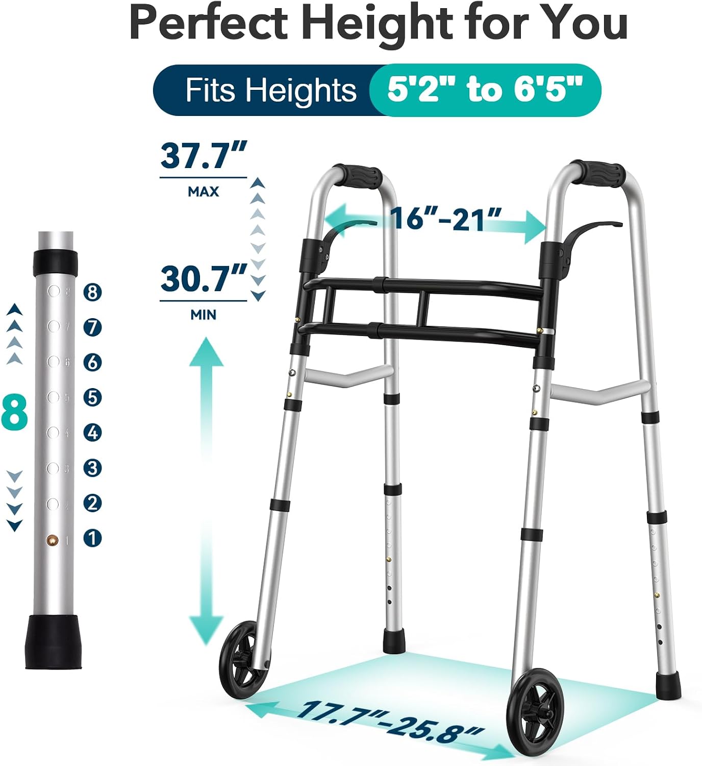 HOMENURSE Folding Walkers for Seniors with Skis, Width & Height Adjustable | Narrow Walker with 5" Wheels for Small Spaces, Aluminum Lightweight Standard Rolling Walker, Supports Up to 300lbs, Silver