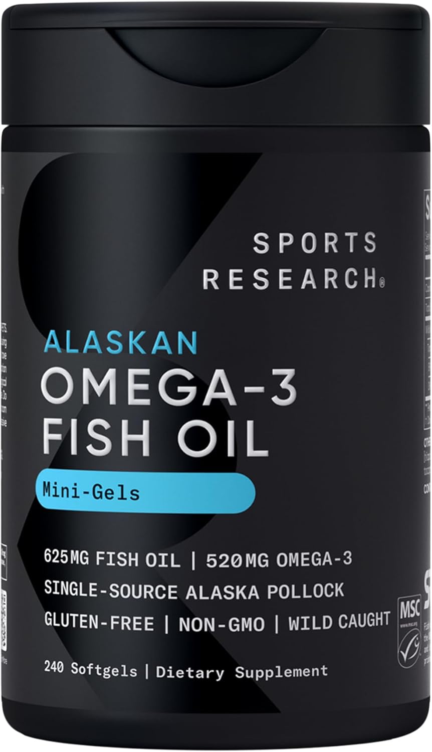 Sports Research® Omega-3 Fish Oil 1250mg from Wild Alaska Pollock,180 Count | Always Fresh Never Fishy | 690mg EPA 260mg DHA per Softgel · Heart & Brain Health* · MSC Certified Sustainable - 180 Servings