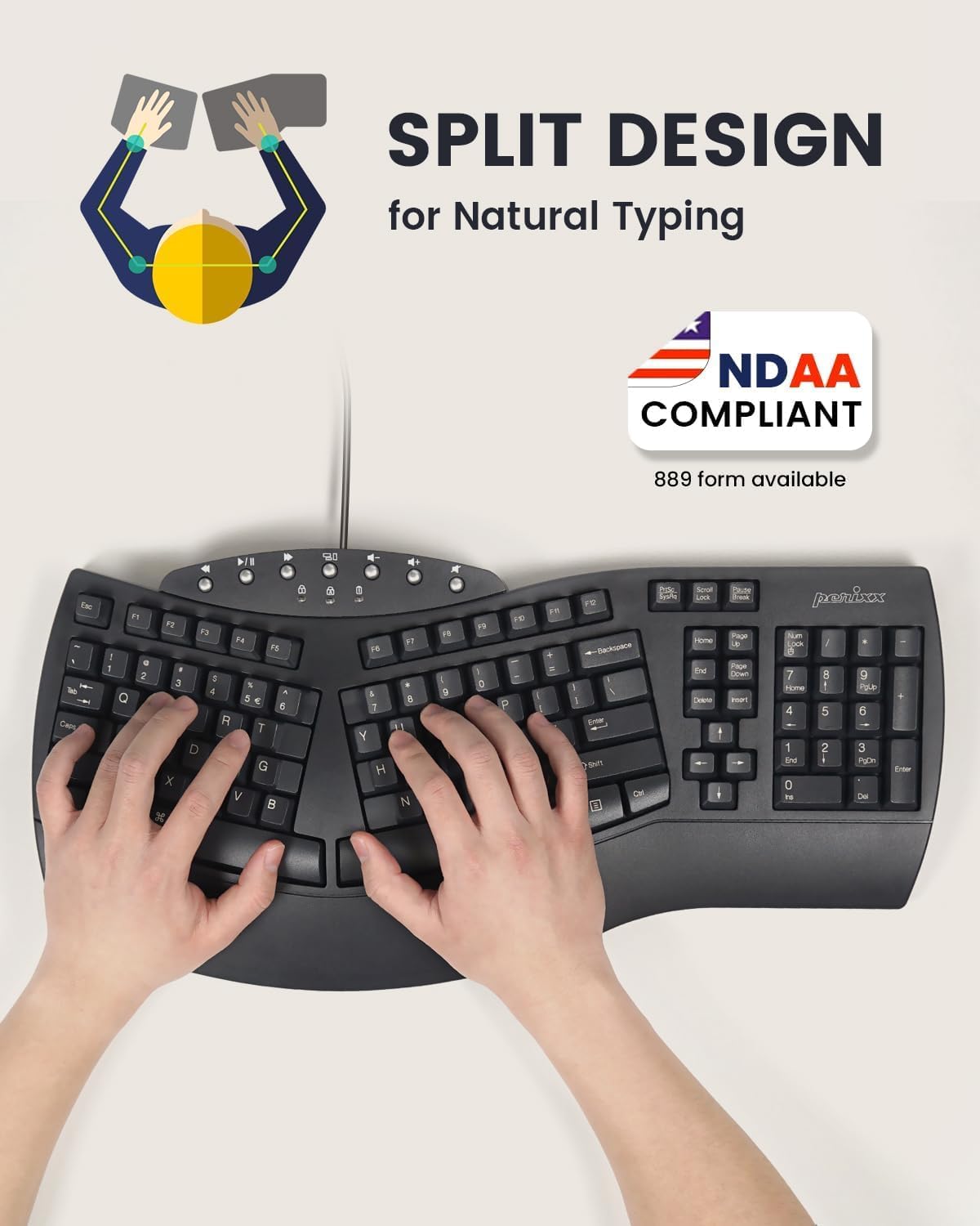 Perixx PERIBOARD-512B Wired Ergonomic Keyboard - Split Keyboard, Wrist Rest, Natural Typing - Wired USB Connectivity - US English - Black