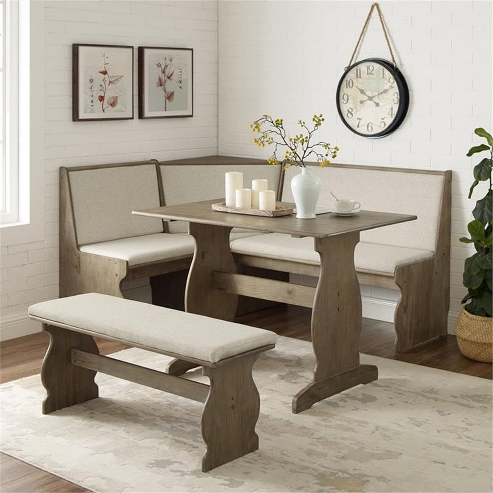 Linon Natasha Transitional Wood Corner Nook Dining Set with Upholstered Seats, Some Assembly Required, Seats up to 5 People, in Brown Finish