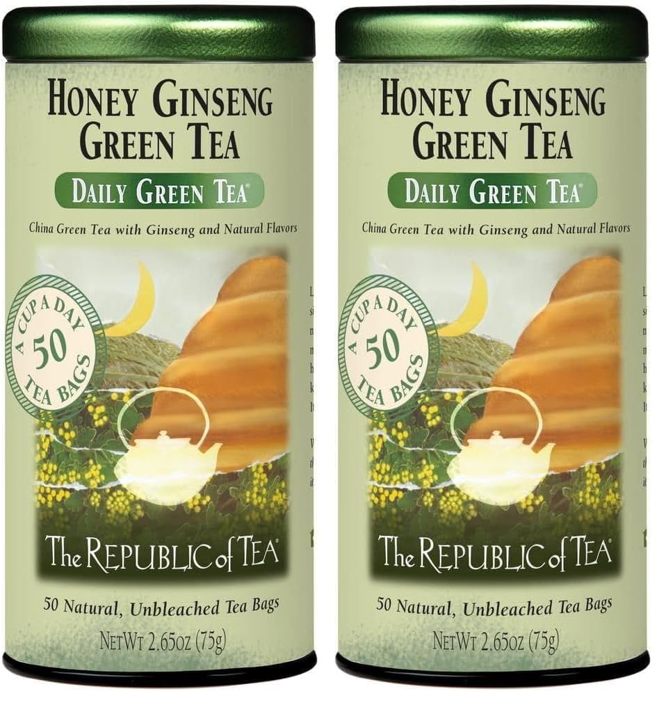 The Republic of Tea Daily Green Honey Ginseng Green Tea, 50 Count | Low Caffeine. A gentle cup for everyday sipping. Fresh with light vegetal notes. Gluten Free and Carb Free.