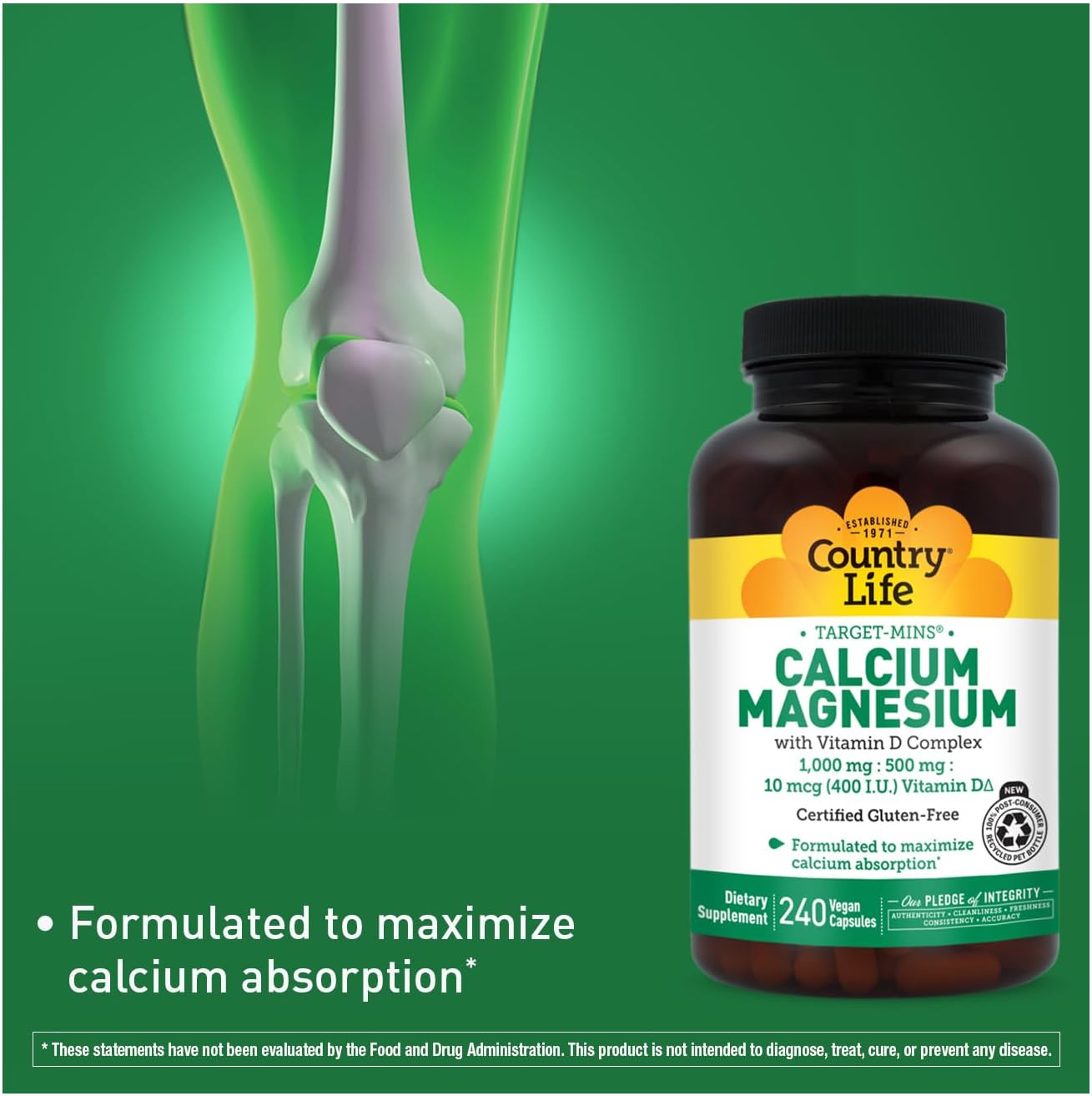 Country Life Target-Mins Calcium Magnesium with Vitamin D, 240 Capsules | 1,000 mg calcium, 500 mg magnesium and 10 mcg vitamin D per serving for bone health and calcium absorption
