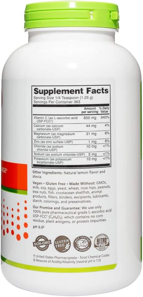 NutriBiotic - Lemon Electro-C, Vitamin C & Electrolyte Powder, 16 OZ | 850 Mg Vitamin C Per Serving | Effervescent Electrolyte Recharge | Buffered & Highly Soluble | Free of Calories, Gluten & Non-GMO