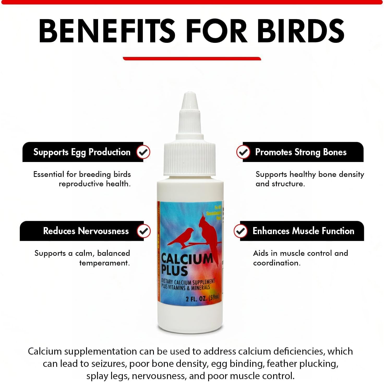 Calcium Plus Liquid for Birds – Calcium Supplement with Vitamins and Minerals for Strong Eggshells, Healthy Bones - Support Growth, Breeding, and Wellness for All Birds 4 Fl Oz | Calcium Supplement - Supports Healthy Growth, Bone Strength, Breeding, Brai…