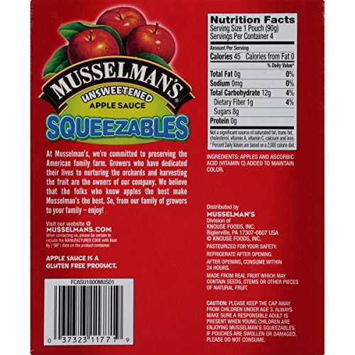 Musselman's Unsweetened Apple Sauce - low calorie, gluten free snack, low sodium, kosher, fat-free, no cholesterol, no high fructuse corn syrup, from 100% fresh American Grown Apples. (24oz x 12)