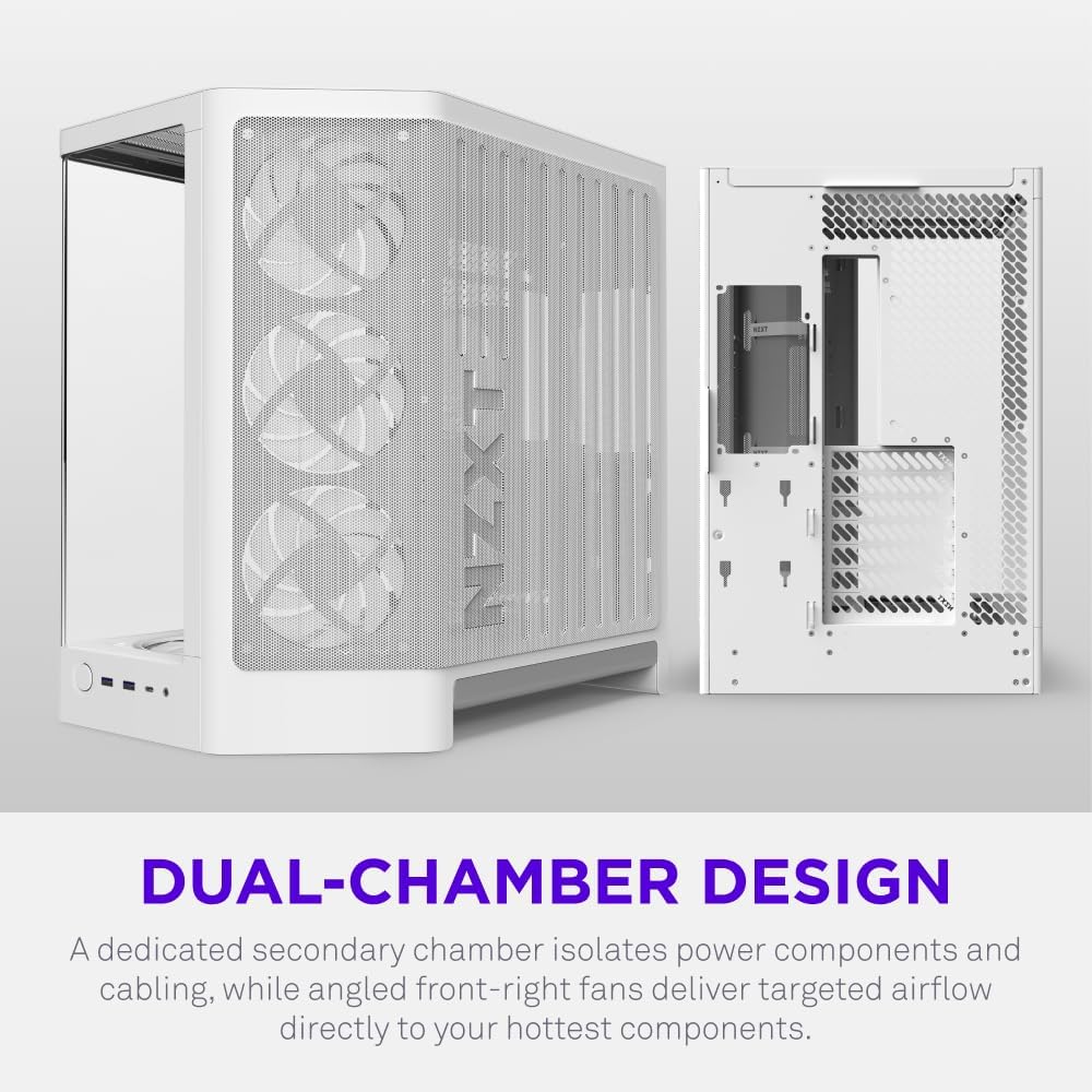 NZXT H6 - Compact Dual-Chamber ATX PC Case - White | Dual-chamber ATX case supporting up to 10 120mm fans and 360mm radiators, with back-connect motherboard compatibility.