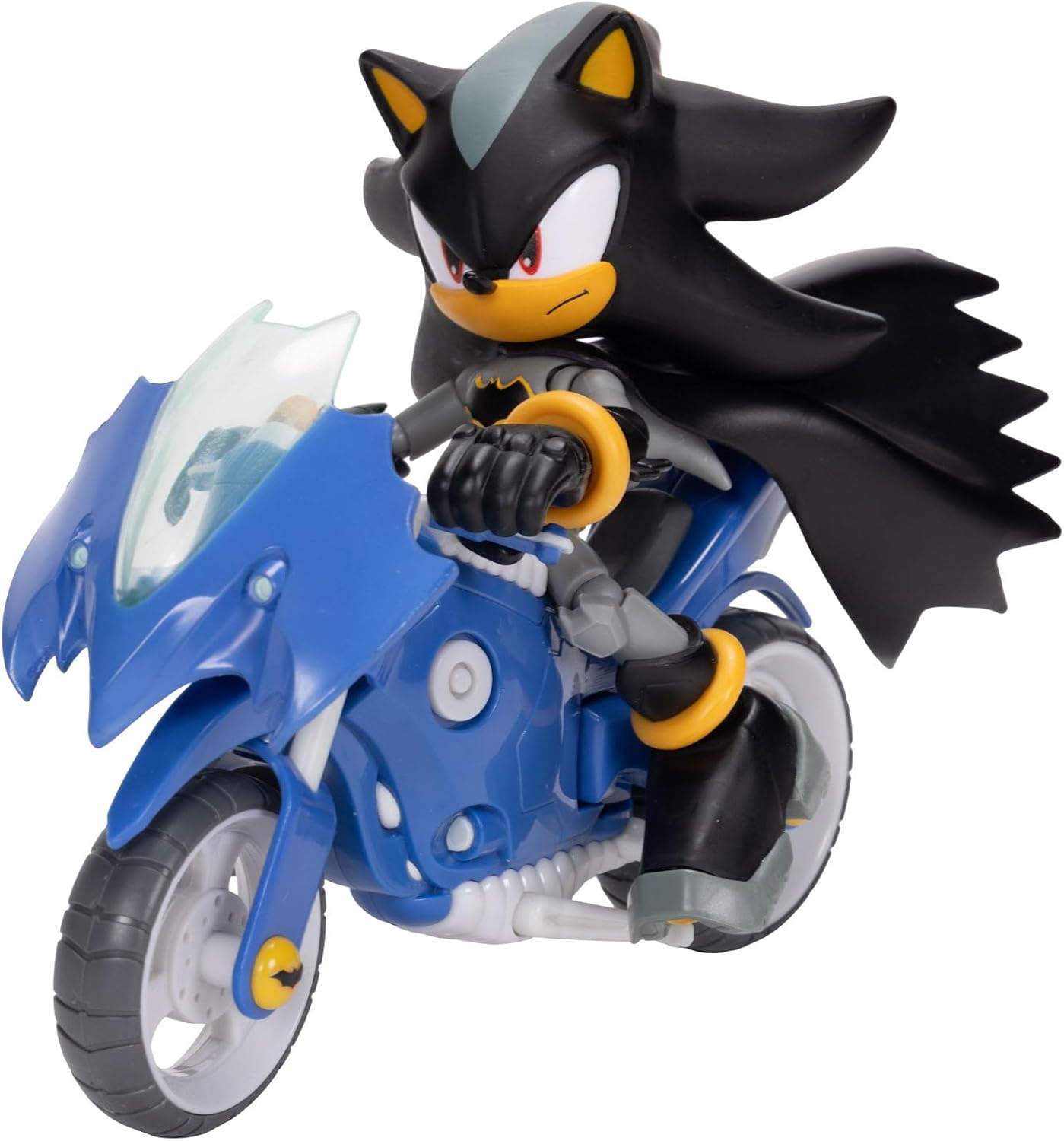 Sonic The Hedgehog DC x Sonic Shadow as Batman & Batcycle Action Figure Set, 5"/13cm, 22 Points of Articulation, Moving Wheels, Working Kickstand