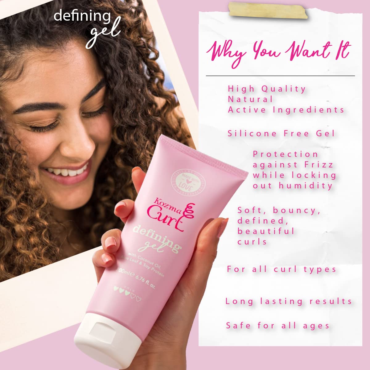 Defining Gel – Lightweight Soft Hold Curly Hair Gel for Frizz Control & Humidity Protection, Non-Crunchy Curl Styling Gel for Curly & Wavy Hair