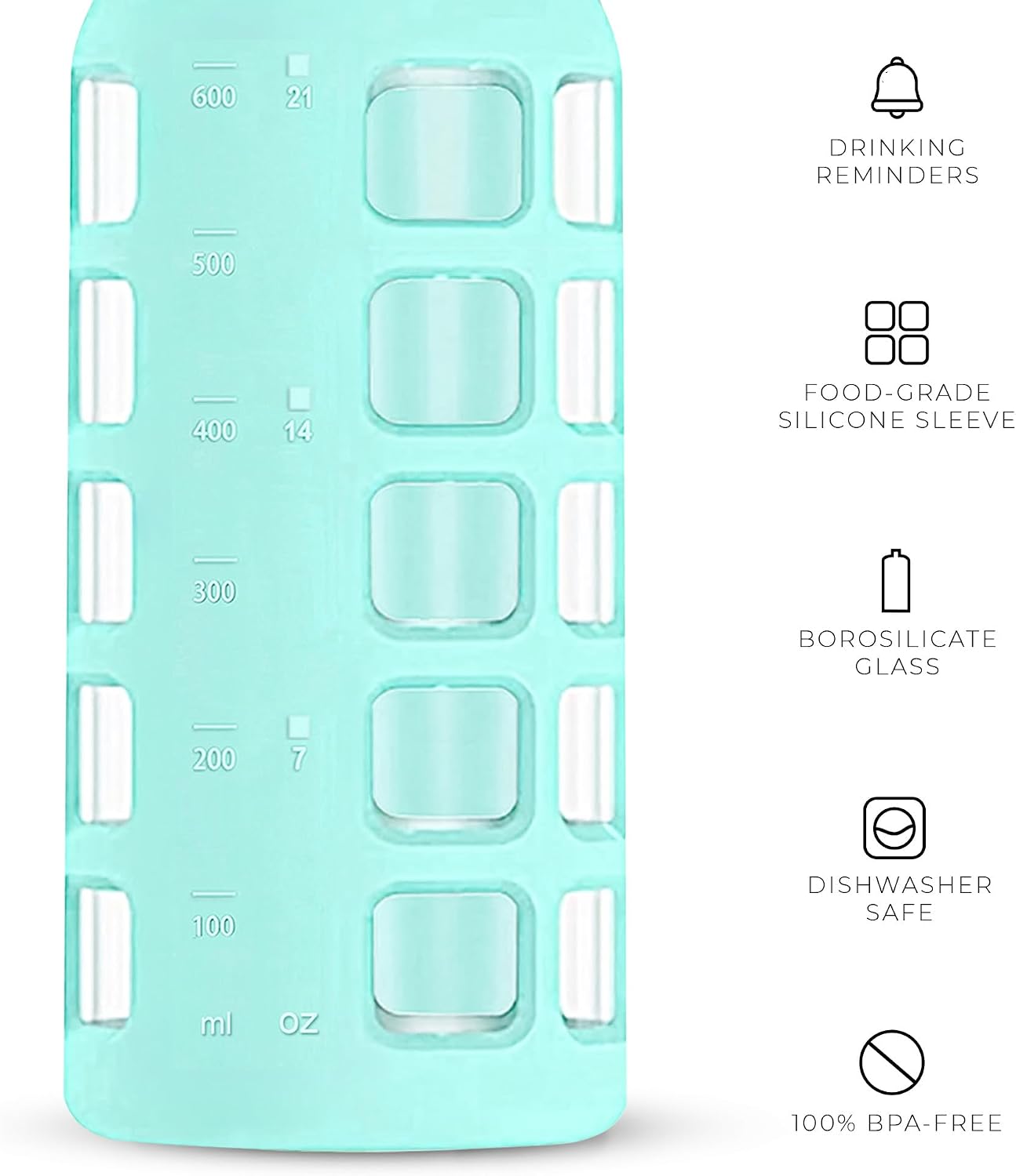 purifyou 40oz / 32oz / 22oz / 12oz Borosilicate Glass Water Bottle with Time & Volume Markers, Silicone Sleeve