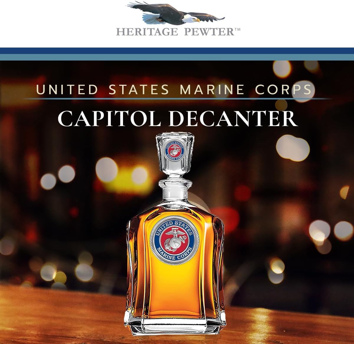 Marines Decanter – Eagle Globe & Anchor | 24 OZ Whiskey Decanter for Liquor with Airtight Stopper | Expertly Crafted Pewter Glass Clear