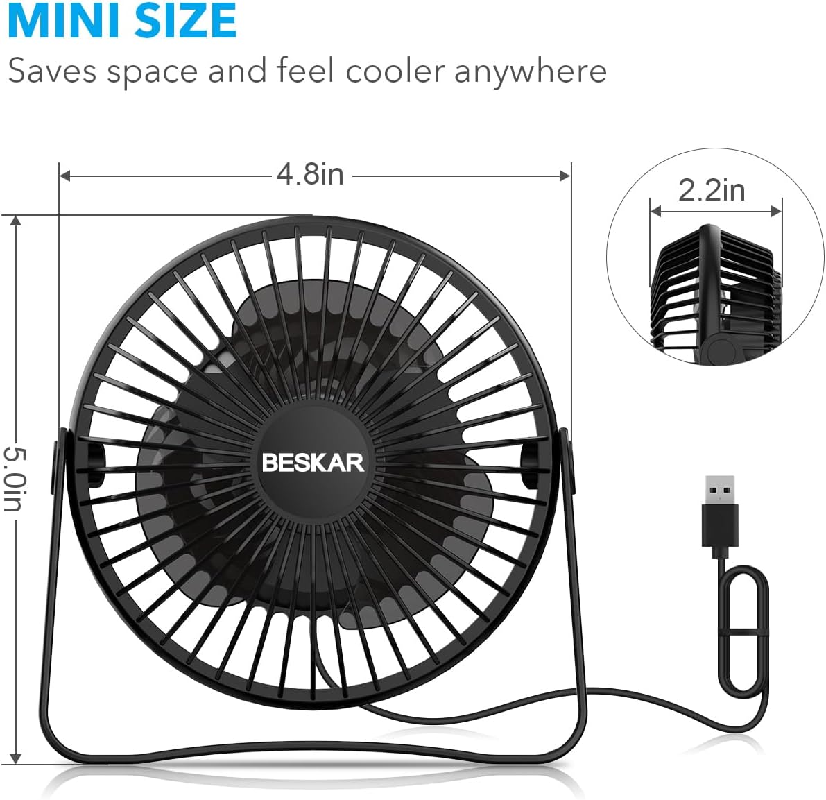 BESKAR USB Small Desk Fan, Portable Table Fans with 3 Speeds Strong Airflow