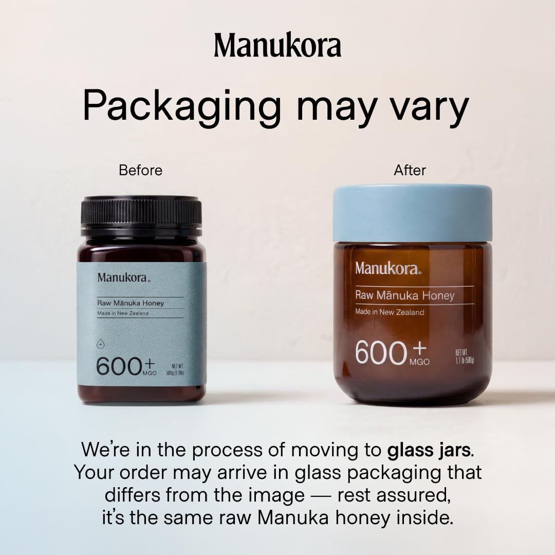 Manukora Raw Manuka Honey MGO 600+ New Zealand Non-GMO Immune Support 250g | B-Corp Certified, monofloral, 3rd party tested, glyphosate residue-free, traceable hive-to-hand, now in glass