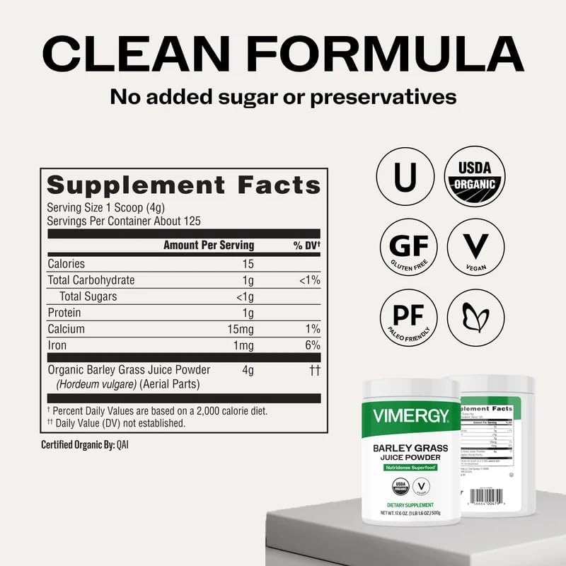 Vimergy Barley Grass Juice Powder, Organic Superfood, 250g, 63 Servings | Clean Nutrient-Dense Superfood*, Powerful Antioxidants for Cardiovascular Health*, Vegan, Gluten-Free